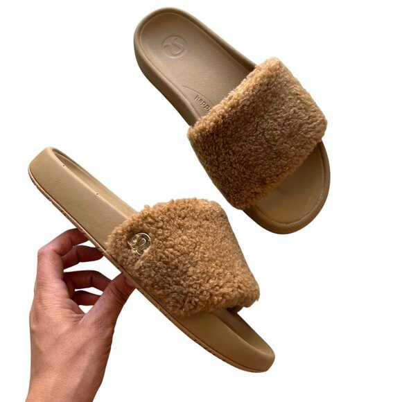 Lululemon Womens Fleece-Trimmed Slides Tan Beige Size 6 Comfort Slip-On Sandals - Picture 10 of 10
